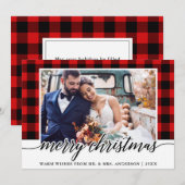 Moderne kalligrafie rood geruite bruiloft foto feestdagenkaart (Voorkant / Achterkant)