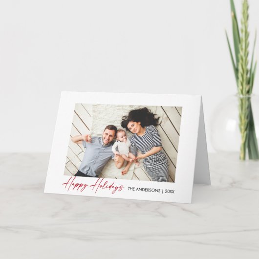 Moderne kalligrafie rood inkt script gevouwen foto feestdagen kaart (Voorkant)