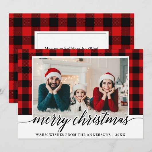 Moderne kalligrafie Rood met foto kerstmis Feestdagenkaart (Voorkant / Achterkant)