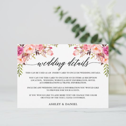 Moderne kalligrafie roze bloemenbruiloft details informatiekaartje (Staand voorkant)
