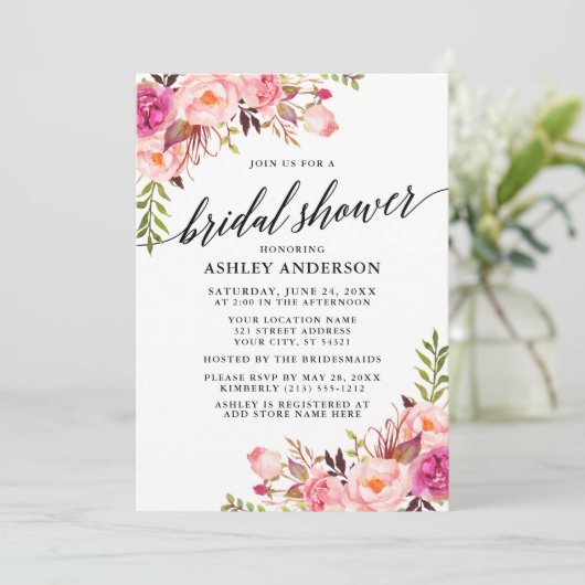 Moderne kalligrafie Roze Blush Floral Vrijgezellen Kaart (Staand voorkant)