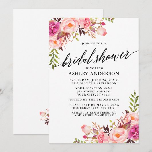 Moderne kalligrafie Roze Blush Floral Vrijgezellen Kaart (Voorkant / Achterkant)