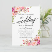 Moderne kalligrafie Roze Blush Floral Wedding Kaart (Staand voorkant)