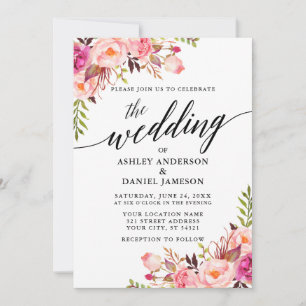 Moderne kalligrafie Roze Blush Floral Wedding Kaart