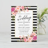 Moderne kalligrafie Roze Floral Striped Wedding Kaart (Staand voorkant)