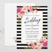 Moderne kalligrafie Roze Floral Striped Wedding Kaart (Voorkant / Achterkant)