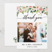 Moderne kalligrafie Roze Floral Wedding Foto Bedankkaart (Voorkant / Achterkant)