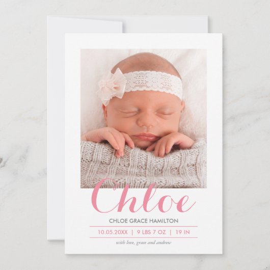 Moderne kalligrafie roze | geboorteaankondiging aankondiging (Voorkant)