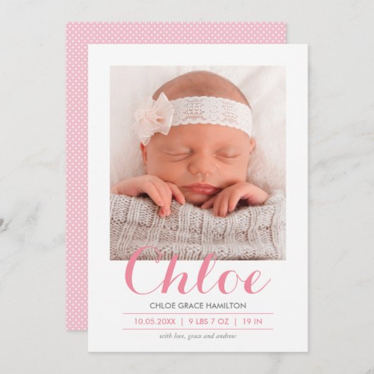Moderne kalligrafie roze | geboorteaankondiging aankondiging (Voorkant / Achterkant)