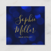 Moderne kalligrafie saffier blauwe bokeh lichten vierkante visitekaartje (Voorkant)