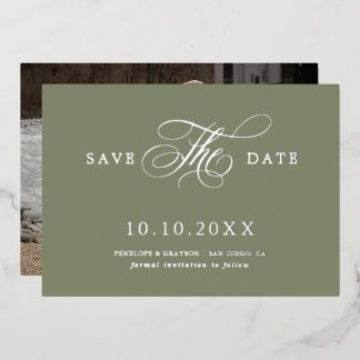Moderne kalligrafie Sage Green Silver Save the Dat Folie Uitnodiging