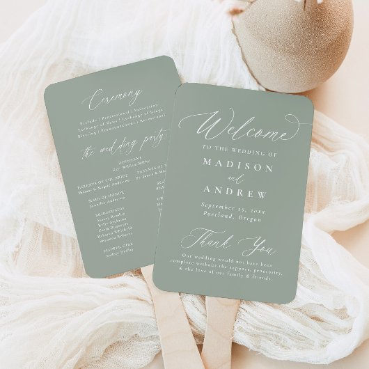 Moderne kalligrafie Sage Green Wedding Programma Handwaaier