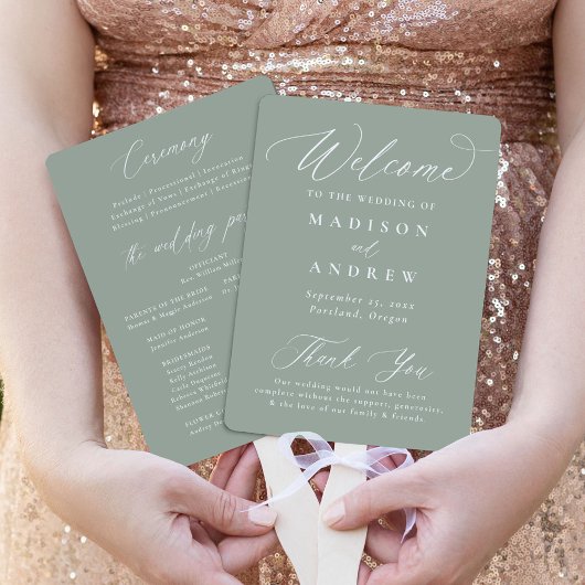 Moderne kalligrafie Sage Green Wedding Programma Handwaaier