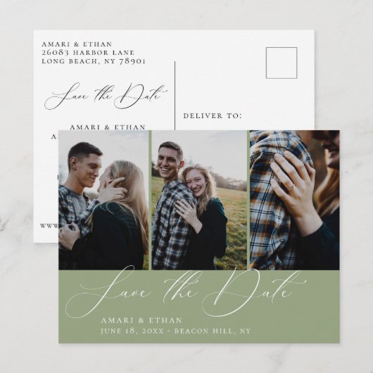 Moderne kalligrafie Sage Multi-Photo Bewaar de dat Aankondigingskaart (Voorkant / Achterkant)