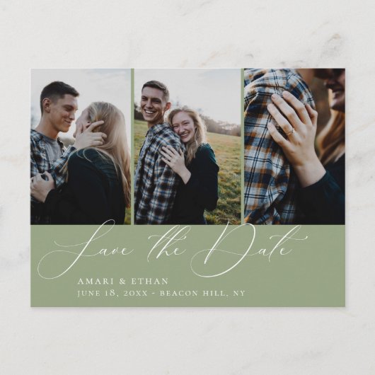 Moderne kalligrafie Sage Multi-Photo Bewaar de dat Aankondigingskaart (Voorkant)