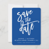 Moderne kalligrafie schrift lettertype koningsblau save the date (Voorkant)