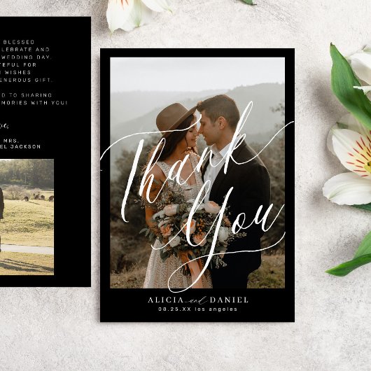 Moderne kalligrafie script 2 foto's bruiloft bedankkaart