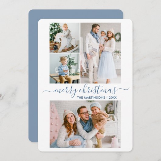 Moderne kalligrafie script 4 Kerstblauw Feestdagenkaart (Voorkant / Achterkant)