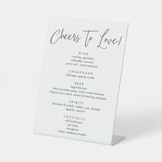 Moderne kalligrafie script bruiloft drankjes menu reclamebord met voetstuk (Voorkant)