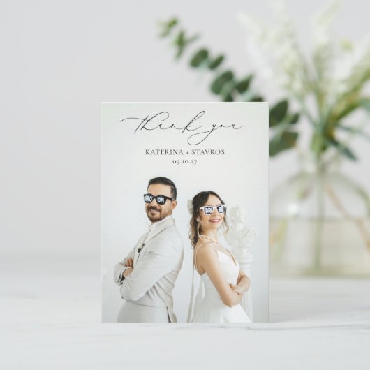 Moderne kalligrafie script bruiloft foto bedankt briefkaart (Staand voorkant)