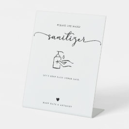 Moderne kalligrafie script bruiloft hand sanitizer reclamebord met voetstuk