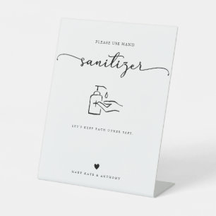 Moderne kalligrafie script bruiloft hand sanitizer reclamebord met voetstuk