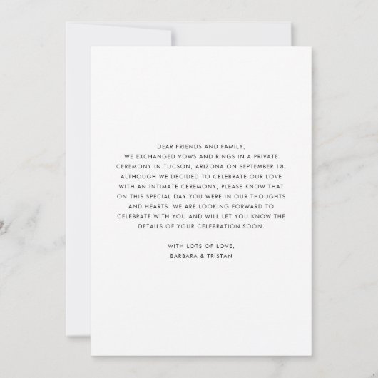 Moderne kalligrafie Script Elopement Foto Aankondiging (Achterkant)