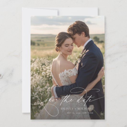 Moderne kalligrafie script foto bruiloft save the date (Voorkant)