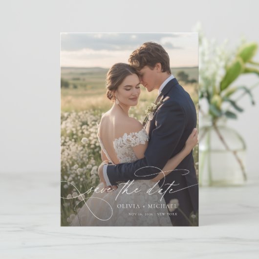 Moderne kalligrafie script foto bruiloft save the date (Staand voorkant)