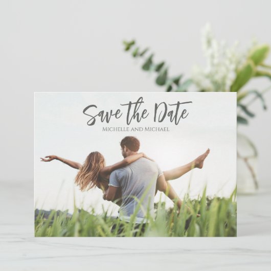 Moderne kalligrafie-script foto Trendy QR-code Save The Date (Staand voorkant)