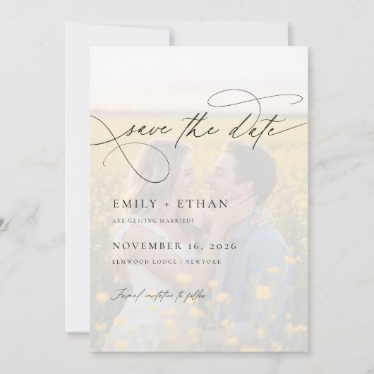 Moderne kalligrafie script overlay foto bruiloft save the date (Voorkant)