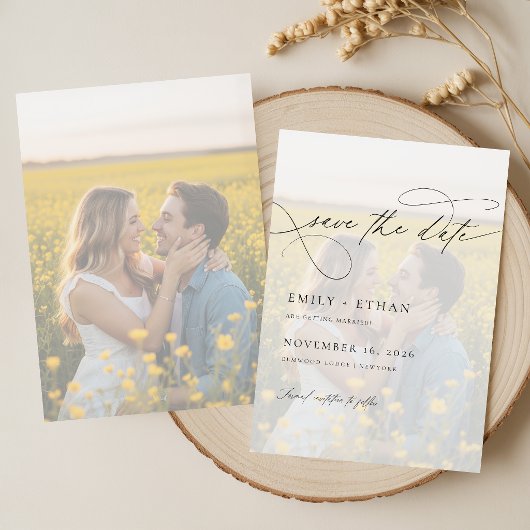 Moderne kalligrafie script overlay foto bruiloft save the date