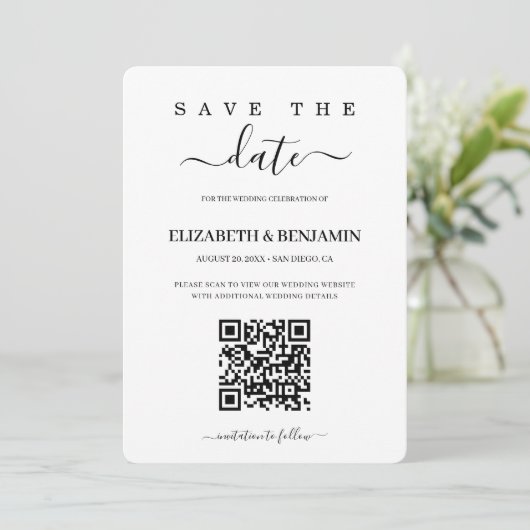 Moderne kalligrafie script QR-code foto Save The D Date (Staand voorkant)