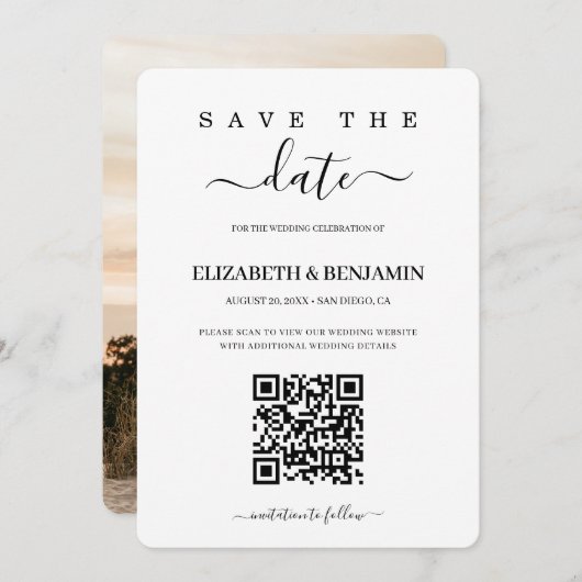 Moderne kalligrafie script QR-code foto save the d Save The Date (Voorkant / Achterkant)