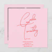 Moderne kalligrafie script rood roze foto bewaar d save the date (Voorkant / Achterkant)