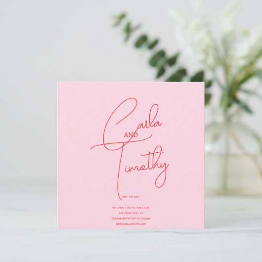 Moderne kalligrafie script rood roze foto bewaar d save the date (Staand voorkant)
