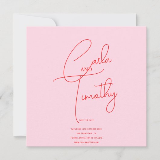 Moderne kalligrafie script rood roze foto save dat save the date (Voorkant)