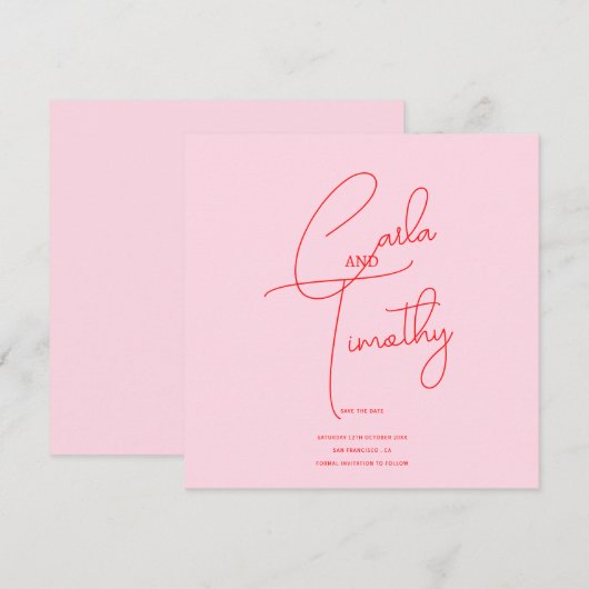 Moderne kalligrafie script roze rood bruiloft save the date (Voorkant / Achterkant)