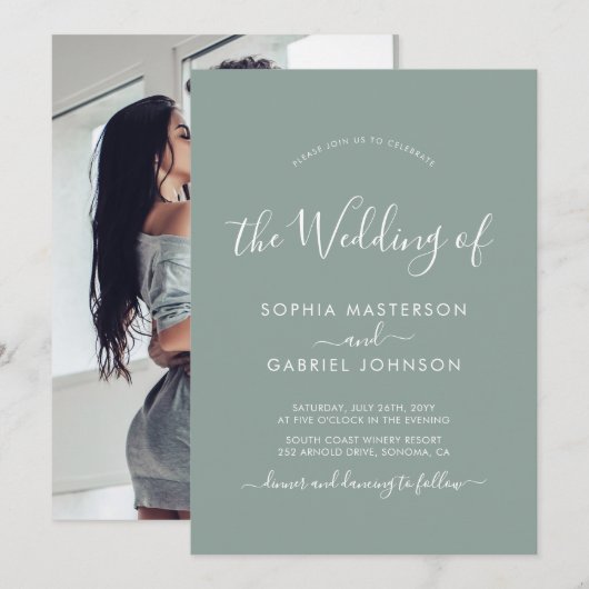 Moderne kalligrafie Script Sage Groene foto bruilo Kaart (Voorkant / Achterkant)