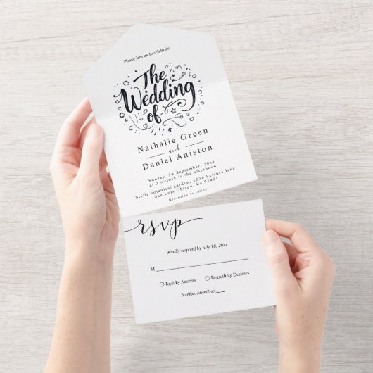 Moderne kalligrafie Script Zwart-wit bruiloft All In One Uitnodiging (Afscheurbaar)