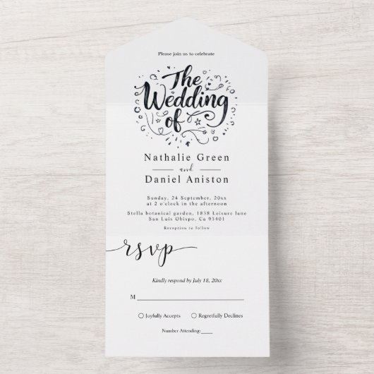 Moderne kalligrafie Script Zwart-wit bruiloft All In One Uitnodiging (Binnen)