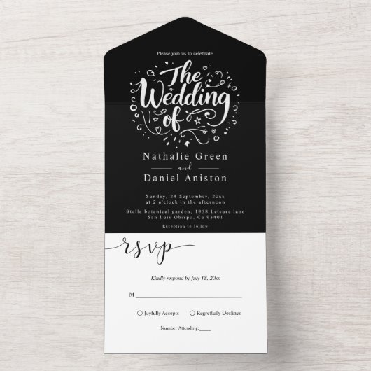Moderne kalligrafie script zwart-wit bruiloft all in one uitnodiging (Binnen)