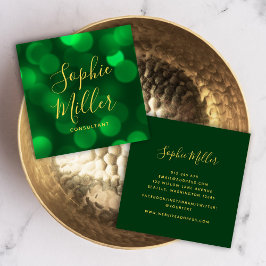 Moderne kalligrafie Smaragd Groene Bokeh Lichten Vierkante Visitekaartje