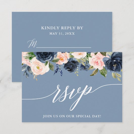 Moderne kalligrafie Stoffig Blauw Roze Bloemen RSVP Kaartje (Voorkant / Achterkant)
