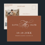 Moderne kalligrafie Terracotta Boho Bewaar de datu Briefkaart<br><div class="desc">Een tijdloos terracotta dessertthema en elegant save the date briefkaart met verfijnd kalligrafiescript op een klassieke achtergrond,  ideaal voor een formeel en verfijnd huwelijksfeest. Voor maatwerk of extra producten met dit ontwerp,  neem dan gerust contact met mij op.</div>