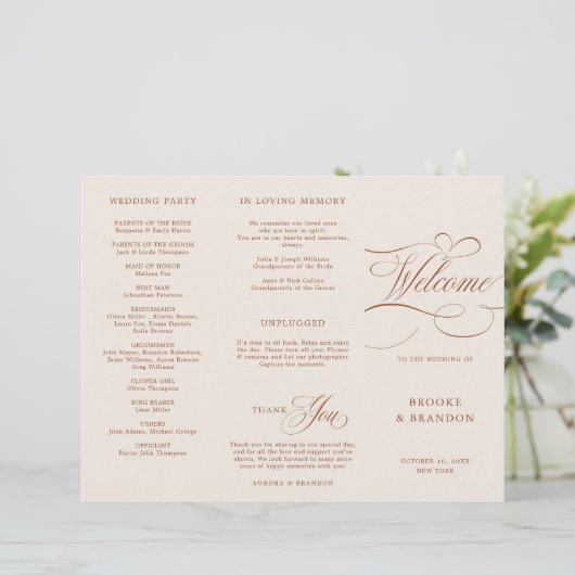 Moderne kalligrafie terracotta boho bruiloftsprogr (Staand voorkant)