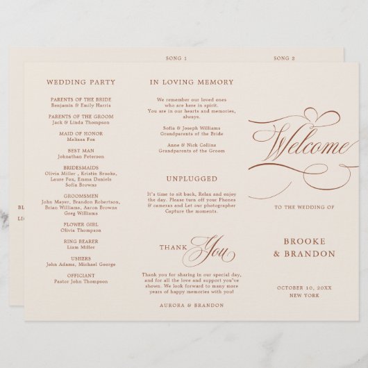 Moderne kalligrafie terracotta boho bruiloftsprogr (Voorkant / Achterkant)