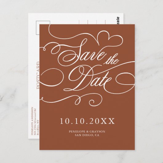Moderne kalligrafie Terracotta boho Save the Date Briefkaart (Voorkant / Achterkant)