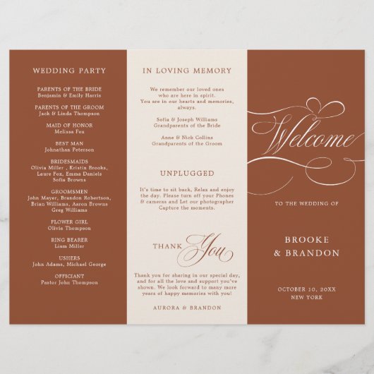 Moderne kalligrafie Terracotta Boho Wedding Progra (Voorkant)