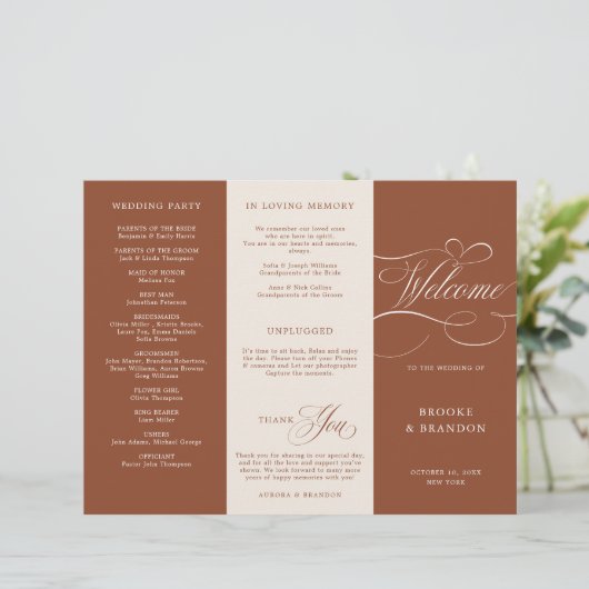 Moderne kalligrafie Terracotta Boho Wedding Progra (Staand voorkant)